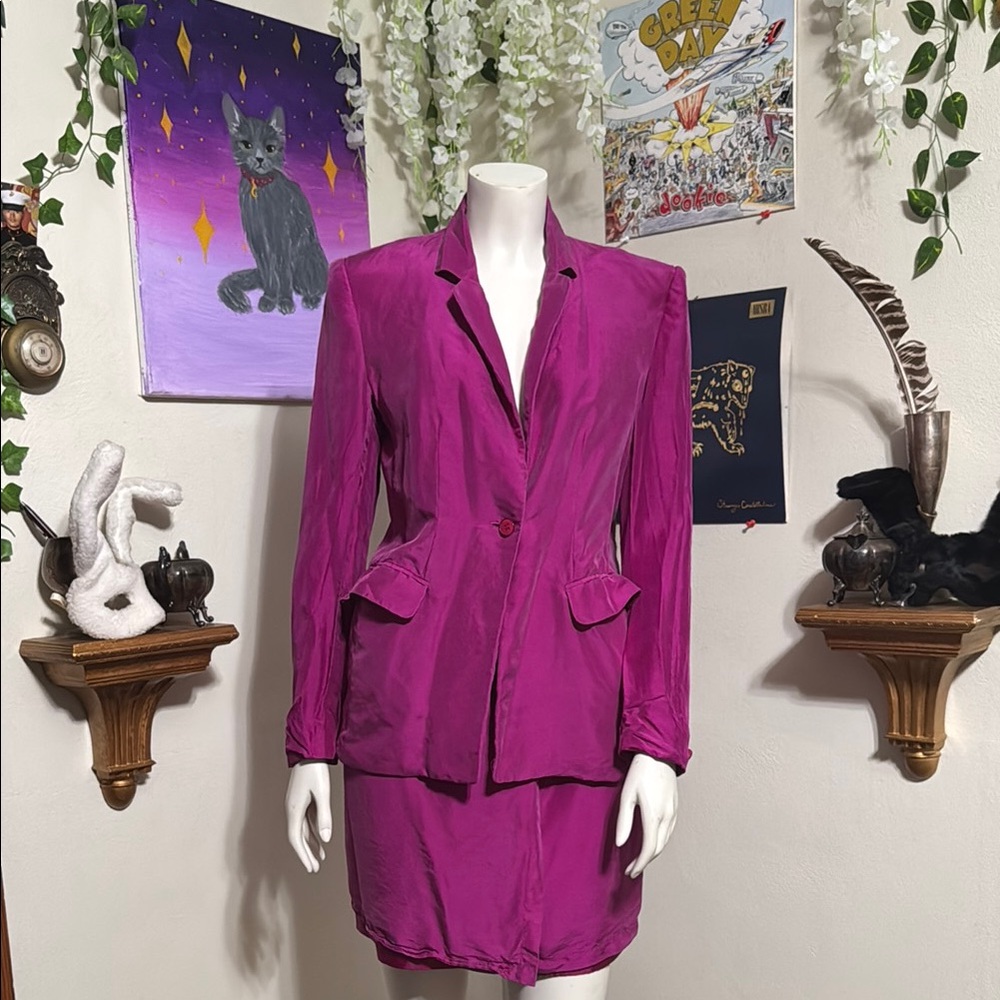 Vibrant Purple Silk Blazer and Skirt Set
